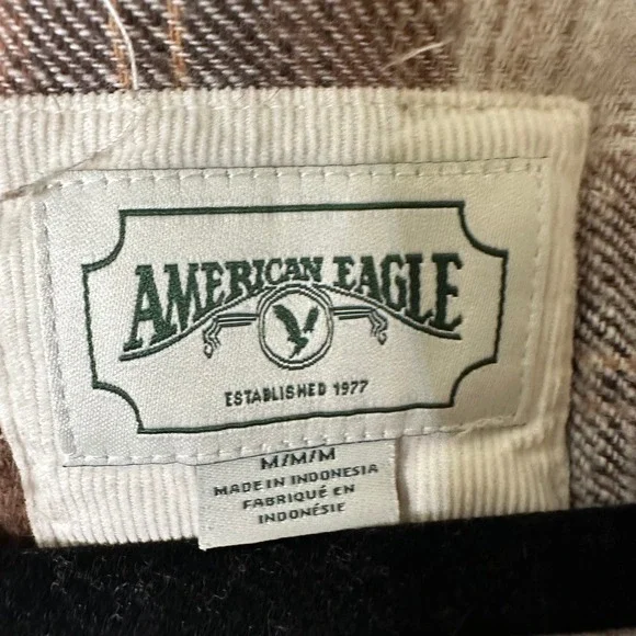 Y2K American Eagle Outfitters Flannel Plaid Button Up Hoodie Shirt Brown White M - Picture 3 of 8